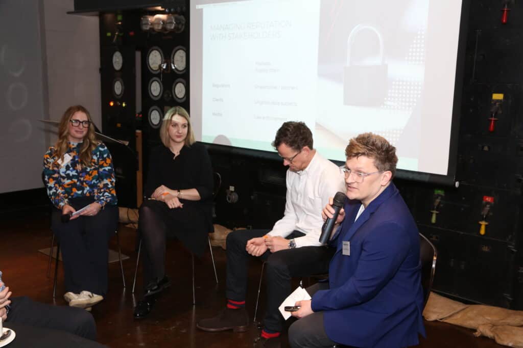 Panel discussion at an Babel PR event featuring panel from left to right women (PR), women (journalist), man (journalist), man (lawyer)